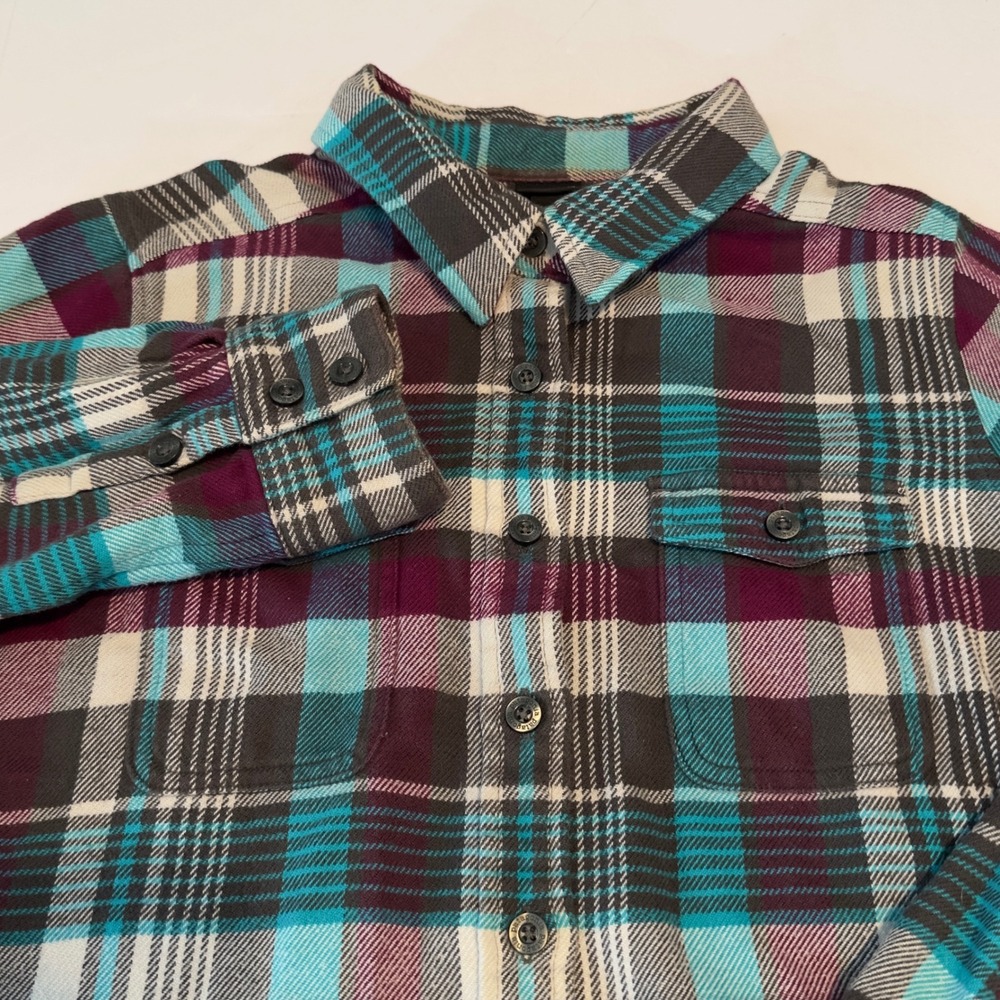 Patagonia Womens Organic Cotton Flannel Plaid Button Down Shirt Teal Purple Sz 6 - Picture 2 of 9